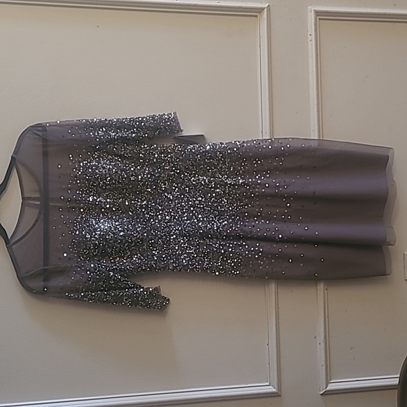 NEW Adrianna Papell Illusion Sheath Lead/Silver/Gray Sequined Dress Sz 8 - Picture 2 of 9